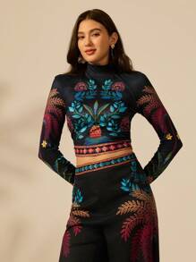CAJUNI Maglietta da donna a maniche lunghe, collo alto, vita arricciata, vestibilità slim, stampa tropicale colorata e casual per le vacanze