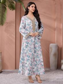 SHEIN Najma Women's Floral Print, Crochet Patchwork, Long Sleeve Dress, Modest Elegant A Line Kaftan & Jalabiya Dress, For Evening Party/Wedding Guest/Anniversary/Daily Wear - Multicolor - View 3