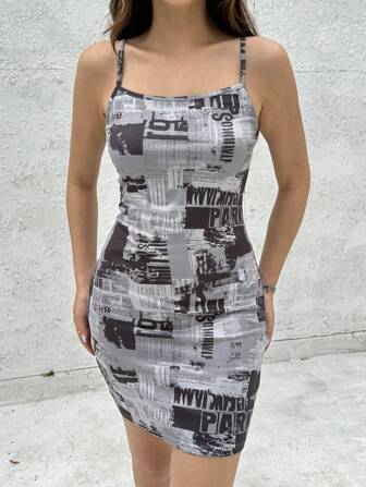 SHEIN Teenager Mädchen Lässig Minimalistischer Komfort Zeitungsdruck eng anliegendes Trägerkleid