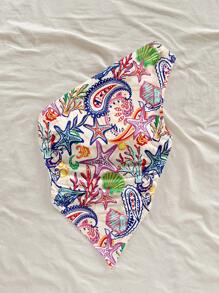 Soleia Women Casual Vacation One Shoulder Ruched Fitted Asymmetrical Hemline Blouse, Suitable For Summer, Ocean Element Print, Starfish Print, Shell Print,Sexy Cute Y2K Coconutgirl Boho Music Festival