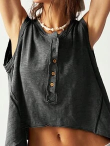 Bohemela 女士休闲纯色针织宽松不对称下摆半开前背心 - 黑色 - 查看 6