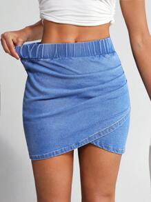 Flexra Women Elastic Waist Wrap Hem Bodycon Denim Mini Skirt - Blue - View 6