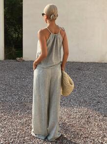 Livesso 2pcs Summer Women's Sets - Striped Halter Top And Long Pants, Fashionable - Grey - View 5