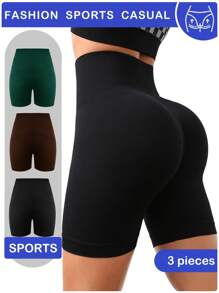 Easithlete 3pcs High Waisted Tight Seamless Elastic Workout Shorts, Solid Color, Summer - Multicolor - View 2