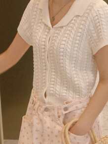 DAZY 女款白色短款麻花针织 Polo 领短袖毛衣 - 白色 - 查看 5
