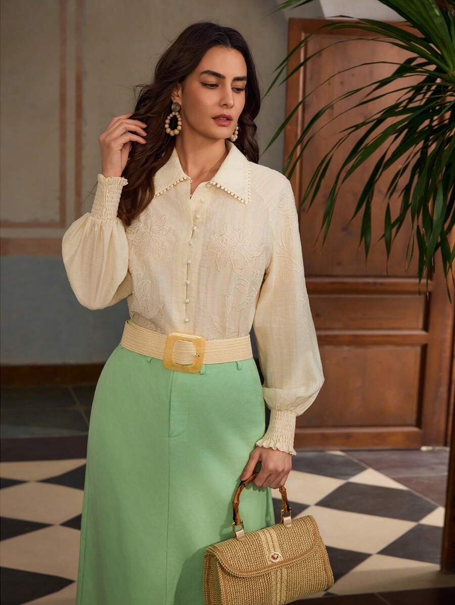 ZEYLAH Freizeitshirt mit Leinenlaternärmeln und Stickerei, ideal für Urlaub - Beige - Übersicht 1