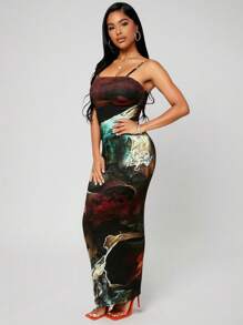 SHEIN SXY Elegant Sexy Fitted Maxi Marble Print Cami Dress Homecoming Dress,Summer Dresses For Women - Multicolor - View 3