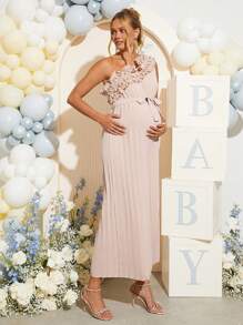 Loomaby Maternity Asymmetric Shoulder Ruffle Waist Pleated Jumpsuit,Gender Reveal Dress,Baby Shower Dress,Maternity Dress - Khaki - View 3