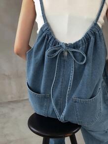 FRIFUL 女式直筒海军蓝纽扣式吊带牛仔背带裤和连体裤，春季 - 淺色水洗藍 - 查看 7