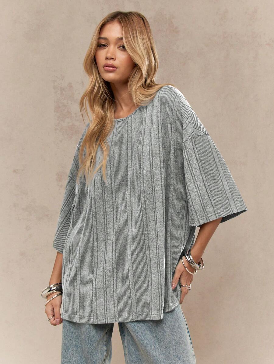 MISSGUIDED Cozy Oversized Ribbed T-Shirt Three Quarter Sleeve Slouchy Casual Lounge Top Fall Winter Everyday Wear