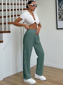 EURMUSE Cotton Wide Leg Side Detailed Sweatpant - Mint Green - View 5