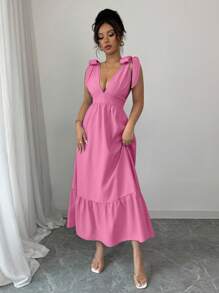 Rafferiza Váy suông không tay buộc eo cổ chữ V thanh lịch màu xanh, phong cách nghỉ dưỡng, cho mùa xuân và mùa hè - Màu Hồng Tươi - Xem 8