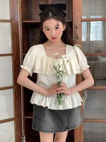 Bộ 2 món áo tay bồng cổ bèo nhún + chân váy denim cho bé gái tuổi teen, mùa hè, quần áo trở lại trường - Nhiều màu - Xem 6