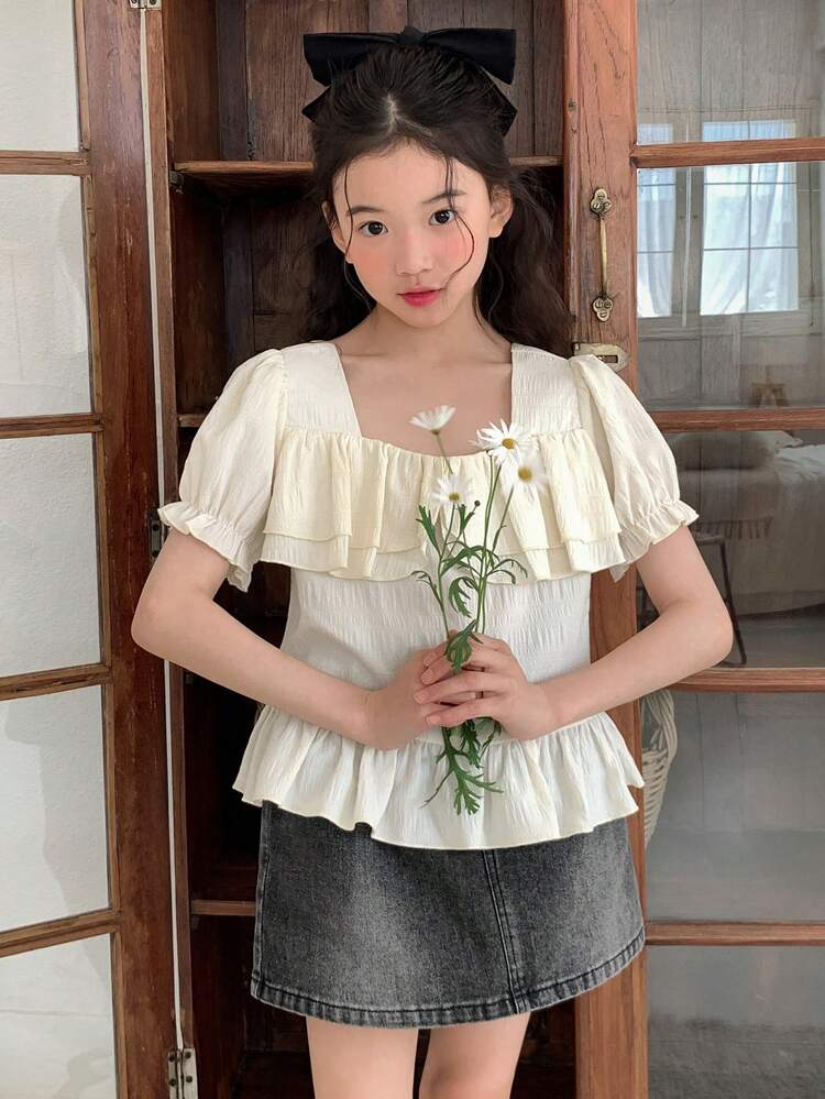 Tween Girls Ruffle Collar Puff Sleeve Top + Denim Skirt 2pcs Set, Summer,Back To School Clothes