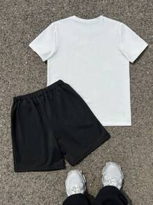 SHEIN Teen Boys Small Letter Print Short Sleeve T-Shirt And Shorts Set,White,Summer,Street Life Casual Graphic Street Fashion,Soft Fabric Comfortable Outfit - Black and White - View 3