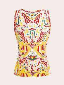 Chiquease 女士优雅法式深V领宽肩带印花上衣，夏季新款 - 黃色 - 查看 2