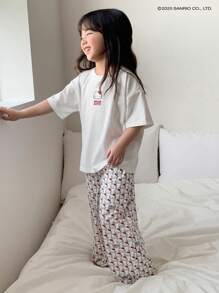 HELLO KITTY | DAZY 年轻女孩合作针织圆领短袖 T 恤 + 全身印花裤春夏家居套装（小号），返校服装 - 白色 - 查看 7