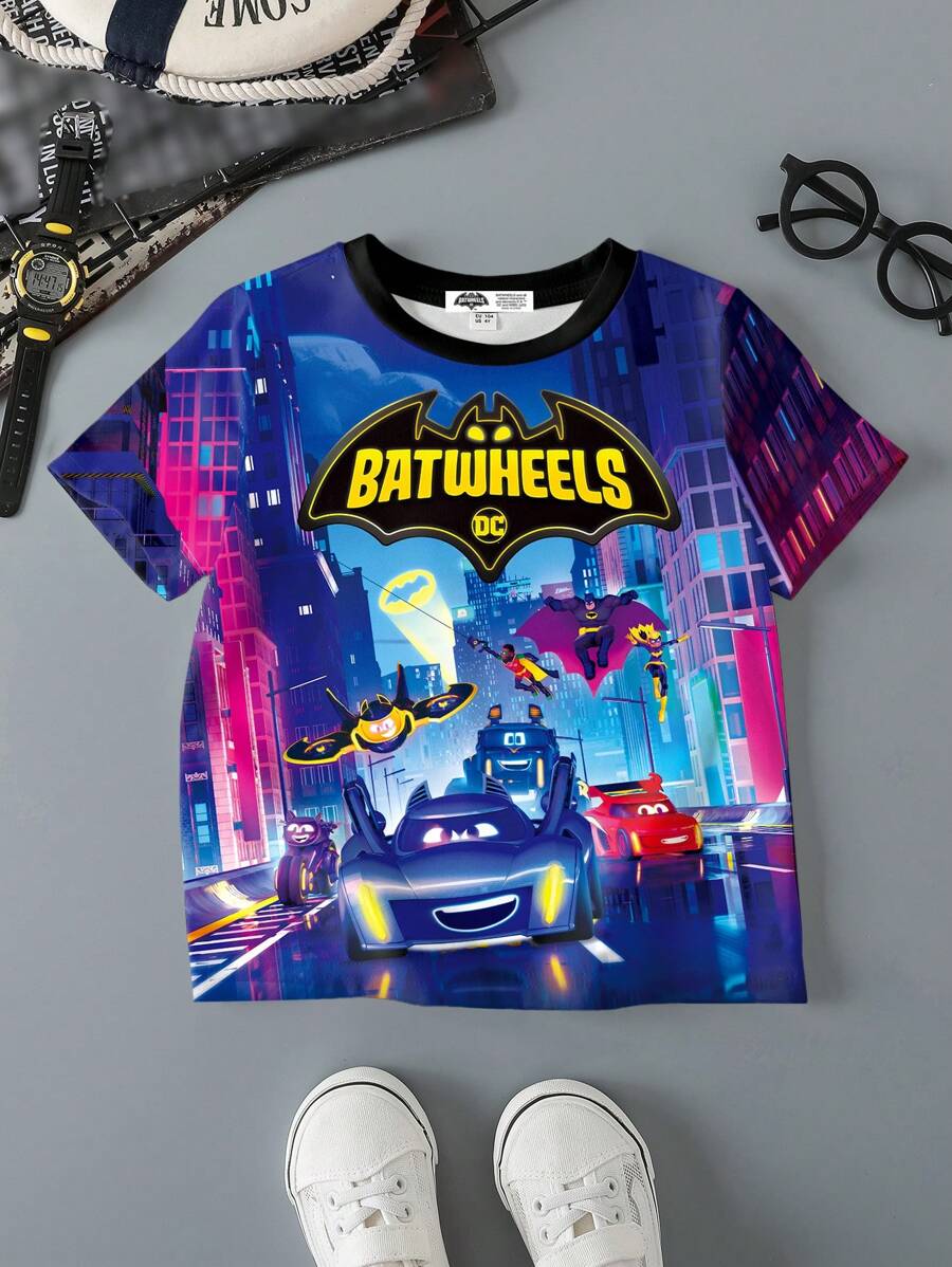 Batwheels X SHEIN T-shirt med rund hals och kort ärm för pojkar, sommar och avslappnad - Vitt - Visa 1