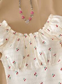 Tween Girls Cherry Print Ruched Detail Round Neck Short Sleeve T-Shirt - Multicolor - View 6