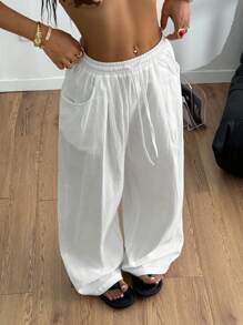 Coolane Women's Summer Minimalist Boho Vacation Casual Basic Daily Wear Linen Comfortable Low Rise Baggy Pants, Linen Pants