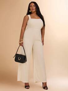 SHEIN BAE Plus Size Women Spring/Summer Solid Color Sleeveless Wide Leg Jumpsuit With Deep Square Neck, Vacation Wear - Apricot - View 3