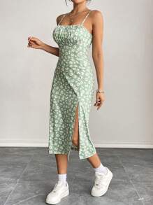 SHEIN PETITE Vestido de mujer de talla grande con ajuste delgado, abertura lateral, tirantes tipo espagueti y estampado floral pequeño - verde menta - Ver 6