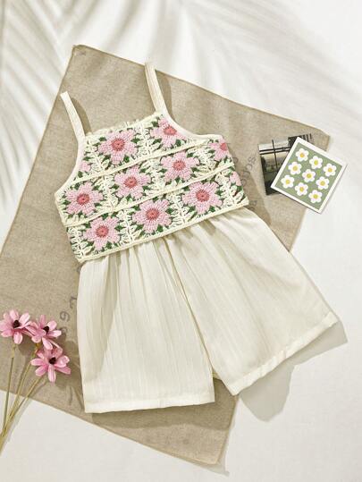 SHEIN Playful Pals رومبير قطنية مرقعة بأنسجة وردية ناعمة للأطفال البنات حتى عمر 3 سنوات، رومبير شمسية صيفية