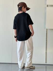 SHEIN 1件青少年男孩休閒運動學院風白色長褲，附口袋與牙籤摺飾，適合學校、夏季、返校季、派對、婚禮 - 白色 - 查看 6