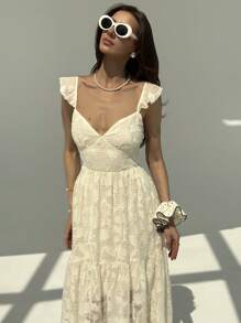 Aloruh Váy chữ A hở lưng dài màu mơ có tay lửng, dành cho nữ, kỳ nghỉ xuân/hè, trang phục Bohemian - Màu be - Xem 5