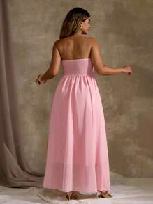 Flirla Váy chiffon hở vai màu hồng thanh lịch kiểu Pháp mùa hè cỡ lớn cho nữ - Hồng - Xem 3