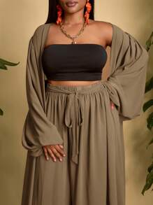 Slaydiva Conjunto informal versátil y sencillo de 2 piezas en blanco, talla grande, para 2025 - Blusa con manga farol + Pantalón ancho/holgado/fluido para primavera