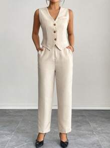 SHEIN PETITE Casual Sleeveless Open Front Vest & Long Pants Set Office Outfits For Women Business Women Attire In Fall/Winter