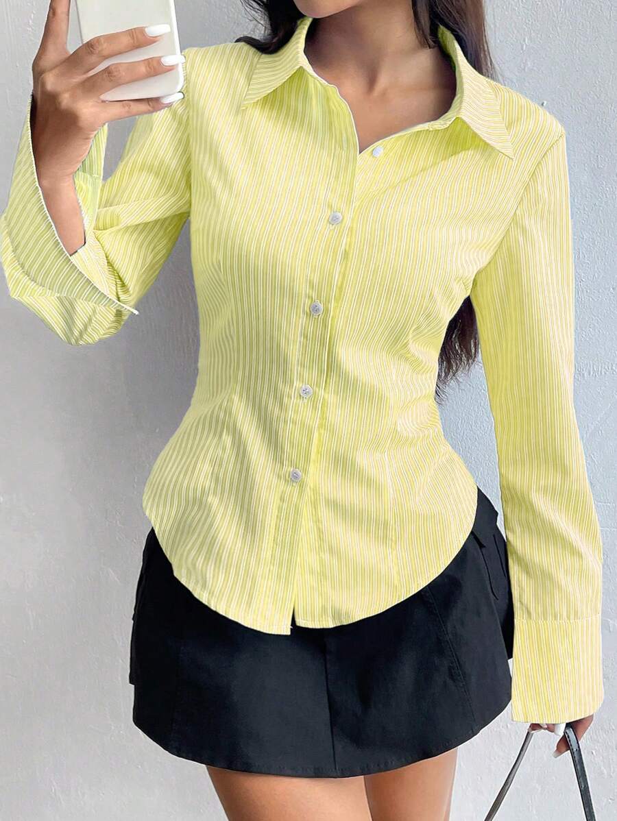 Flirla 女式长袖单排扣休闲修身条纹衬衫 - 黃色 - 查看 1