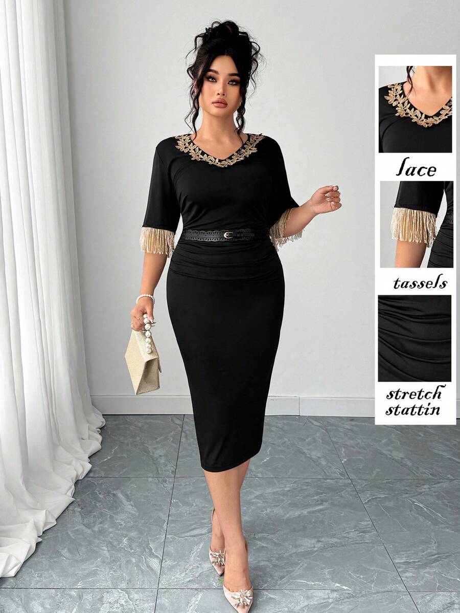 Elenzga Vestido fluido negro para mujeres de talla grande, cuello en V con encaje floral dorado y mangas con flecos, apto para fiestas, banquetes, citas, bodas, primavera/verano - Negro - Ver 1