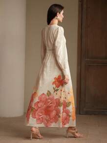 Anewsta Women's Long Sleeve Floral Pattern Cutout Waist Embroidered Dress, Summer - Apricot - View 2