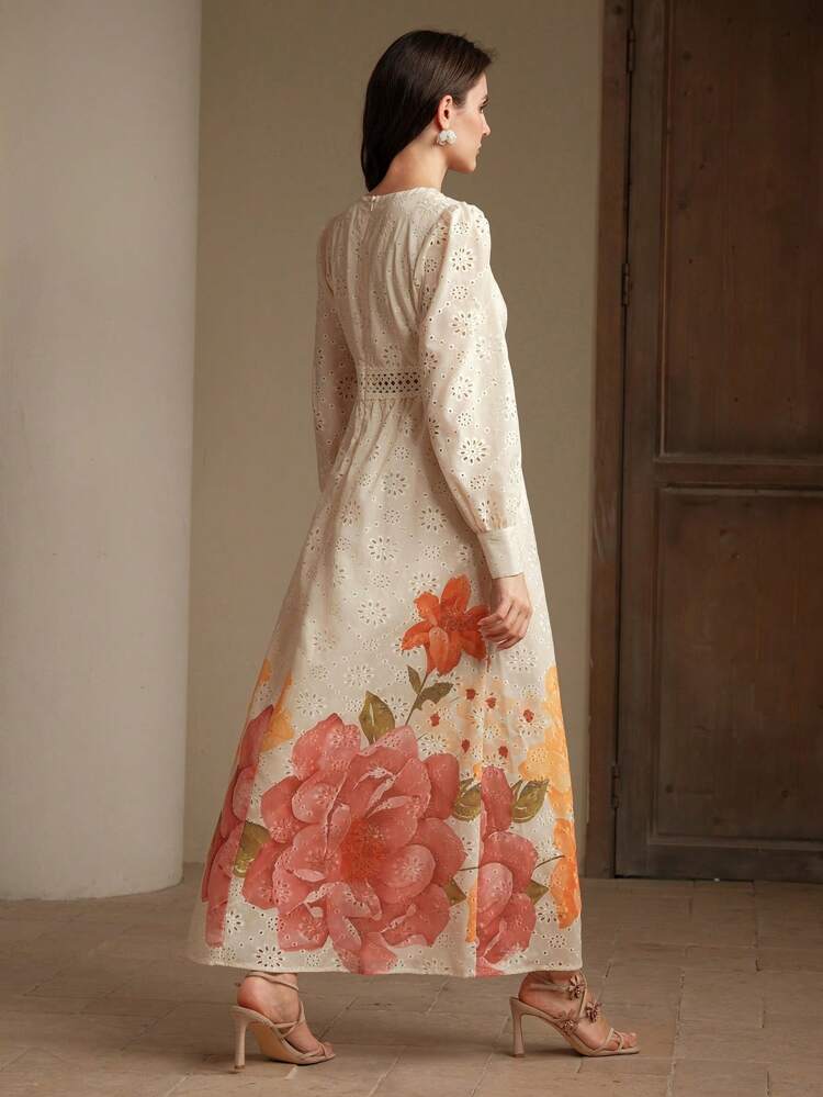 Robe longue à manches longues pour femmes, motif floral avec découpe à la taille et broderie, pour l'été