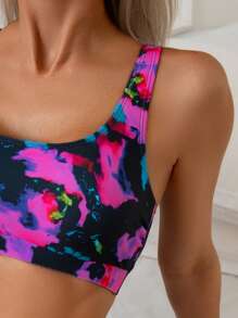 SHEIN Swim 2 件套女士扎染随机印花圆领无袖上衣和高腰三角裤，休闲简约海滩度假背心和比基尼