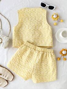 SHEIN Girlism 青少年女孩休闲黄色提花蝴蝶结吊带上衣和短裤两件套 - 黃色 - 查看 2
