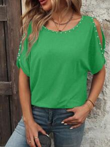 EMERY ROSE Camiseta holgada de cuello redondo con mangas huecas, decoración de rhinestone y unicolor minimalista - Verde - Ver 4