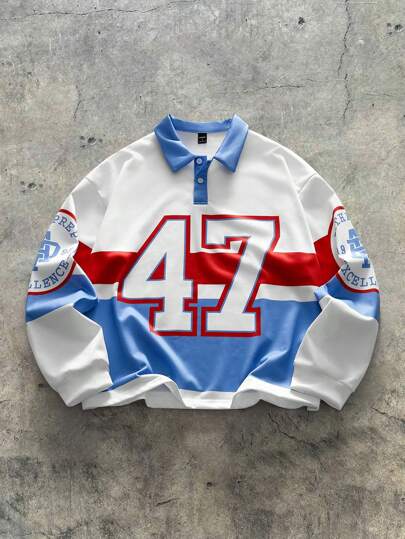 AXEPEAK Camisa polo de manga larga de corte holgado con estampado digital, estilo escolar y urbano para hombres