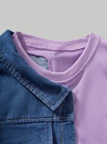 少女棉质无袖牛仔拼布休闲连衣裙 - 紫色 - 查看 5
