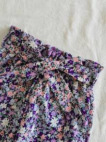 Vintaside Kids YounYoung Girl 夏季砖红色休闲百搭街头风格罗纹数码印花面料无袖圆领背心和松紧腰宽松短裤套装配腰带，适合户外购物 - 彩色 - 查看 5