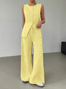 SHEIN EZwear Ensemble 2 pièces en lin pour femmes, jaune, décontracté pour les tenues de bureau d'été pour femmes, tenue professionnelle pour femmes d'affaires, vêtements pour femmes professionnelles en automne/hiver - Jaune citron - Voir 3