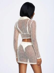 Slaydiva Apricot Light Beige Sheer Mesh Knit Long Sleeve Crop Top And Mini Skirt Co-Ord Two-Piece Set For Women, Summer Seksi Chic Vacation Beach Club Wear - Apricot - View 2