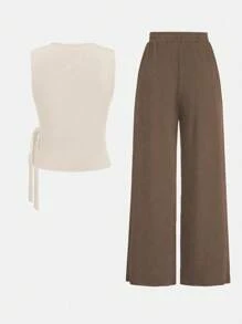 SoleilVie 2件套女士夏季休闲纯色裹身背心和裤子套装 - 彩色 - 查看 2