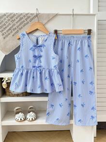 SHEIN Elladie kids 2pcs/Set Young Girls Bow Striped Printed Top & Printed Casual Pants Set, Suitable For Summer Fall Winter - Blue - View 3