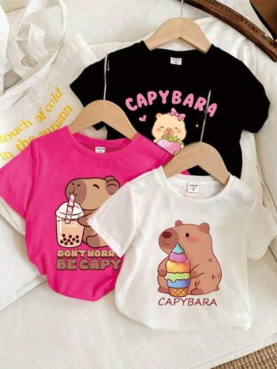 SHEIN Genkimix Kids Paquete de 3 camisetas de manga corta, cuello redondo, de estampado casual para niñas, verano