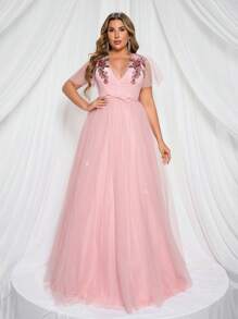 Glamrae Plus Size V-Neck Ruffle Sleeve, Pink Puff Princess Dress With Embroidered Floral Applique, Formal Evening Gown, Party Dress, For Wedding Guest - Pink - View 1