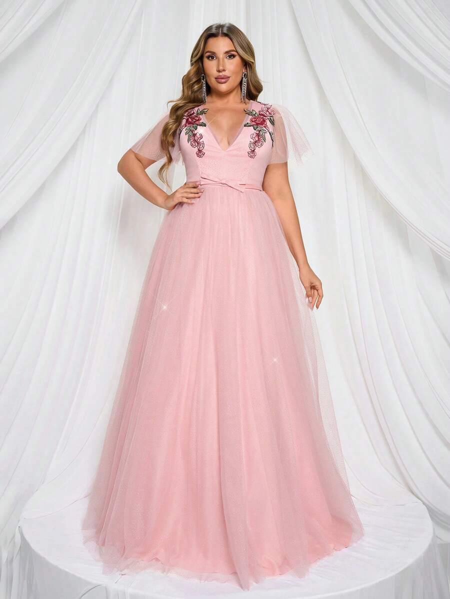 Glamrae Plus Size V-Neck Ruffle Sleeve, Pink Puff Princess Dress With Embroidered Floral Applique, Formal Evening Gown, Party Dress, For Wedding Guest - Pink - View 1