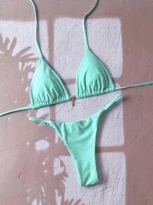 Swim Chiccia Bộ bikini dây kim loại hở lưng màu trơn gợi cảm cho nữ mùa hè - màu xanh lá - Xem 3